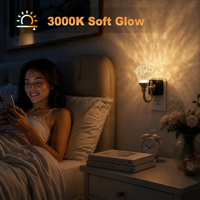 JandCase Night Light, Night Lights Plug into Wall, Crystal LED Nightlight | 0-100 LM Dimmable Nightlights, Dusk to Dawn Sensor, 1W Vintage Rotatable Nite Light for Bathroom Hallway Decor, 1 Pack