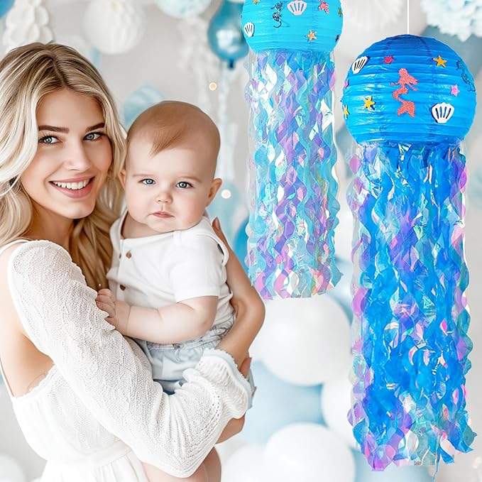 12" Blue Jellyfish Lanterns - Mermaid Birthday Decorations, Under the Sea Party Supplies, Ocean Theme Hanging Jellyfish Decor for Classroom, Nautical Events, and Underwater Adventure (Set of 6)