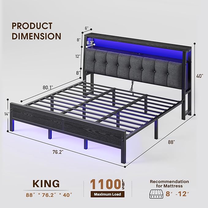 Homkdom King Bed Frame Upholstered Storage Headboard,Charging Station,Black | LED Lights, 12" Under-Bed Storage, 2 AC Outlet&2 USB, Noise-Free,Easy Assembly,No Box Spring Needed,1100 lbs