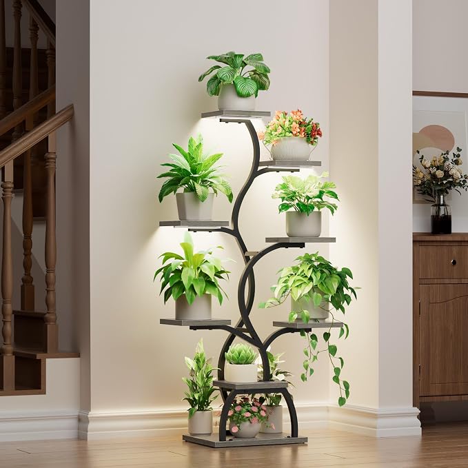 Plant Stand Indoor with Grow Light - 8 Tiered Corner Plant Shelf Indoor | 49" Plant Holder with Lights for Indoor Growing, Tall Lighted Flower Stand for Living Room, Balcony, Gray
