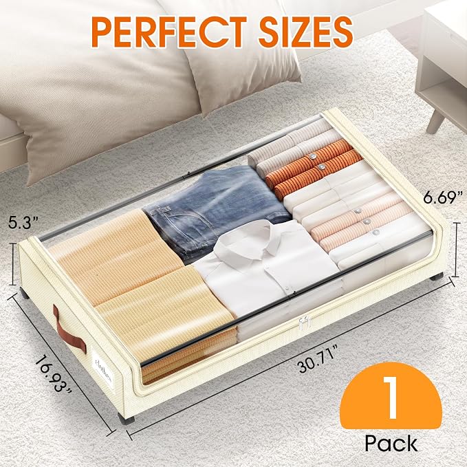 Under Bed Storage with Wheels 1Pack Storage Containers with Clear Window | Under Bed Drawers Rolling Under Bed Storage for Clothes,Shoes, Blankets (30.71 x 16.93 x 6.69 in, Beige)