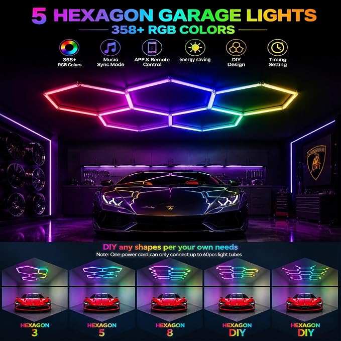 25Pack RGB 5 Hexagon LED Garage Lights-Music Sync Color Changing,App & Remote Control,358 Modes DIY Honeycomb Light for Gaming Room,Gym,Garage