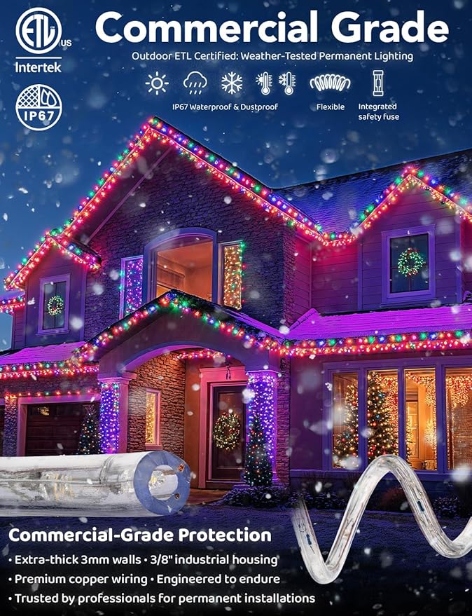 WYZworks 3312LEDs, 300ft LED Outside Rope Lights, Waterproof Permanent Outdoor ETL Certified Connectable Clear Tube, Christmas Palm Tree Holiday Decorative Landscape Patio Accent Lighting - Colorful