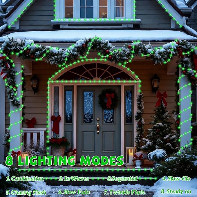 YEGUO Solar Rope Light Outdoor Waterproof, 66ft 200 LED Green String Lights, 8 Modes Tube Christmas Lights in Clear Thin Tube