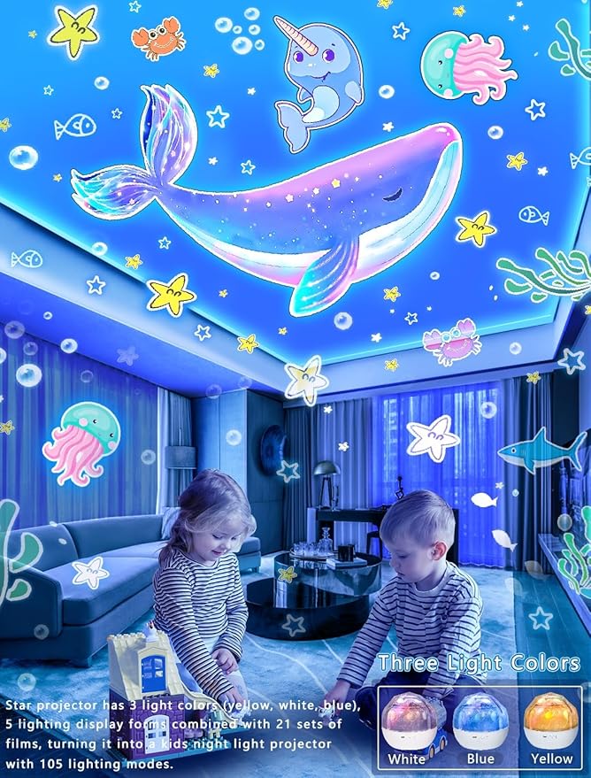 21 Sets of Films, Projector Night Light for Kids Bedroom, Ceiling, Night Light for Kids, Star Galaxy Projector for 1-14 Years Old Baby Girls with 360° Rotation for Christmas, Baby Nursery, Room Decor