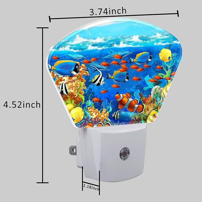 Cartoon Underwater World Night Light for Kids, Tropical Fish LED Night Light Plug into Wall with Dusk to Dawn Sensor for Girls Boys Women Men Room, Hallway, Kitchen, Bathroom, Stairs Decor