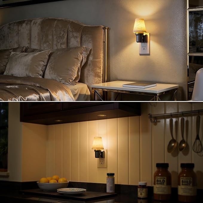 LED Night Lights Plug into Wall Linen Fabric Round Platform | Decorative Night Light, Dusk to Dawn Sensor ,0-100LM Dimmable Vintage Lamp Nightlight for Bedroom Living Room Hallway