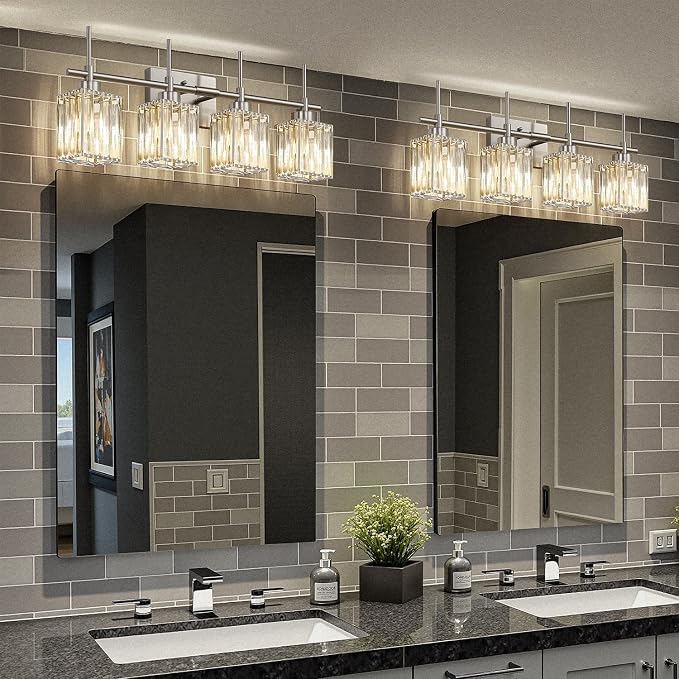Torondo Modern Crystal Bathroom Vanity Light 4-Light Brushed Nickel Bathroom Light Fixtures Over Mirror Vanity Lighting Fixtures Square Shade Wall Sconce (Bulbs Not Include)
