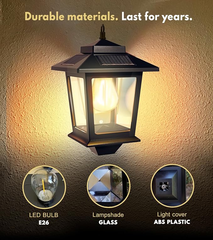 PASAMIC 2 Pack Solar Wall Lanterns,Outdoor Hanging Lights with 4 Solar Panels,Dusk to Dawn Led Outdoor Wall Sconce, Anti-Rust Waterproof Lanterns with Hooks,3000K Warm White