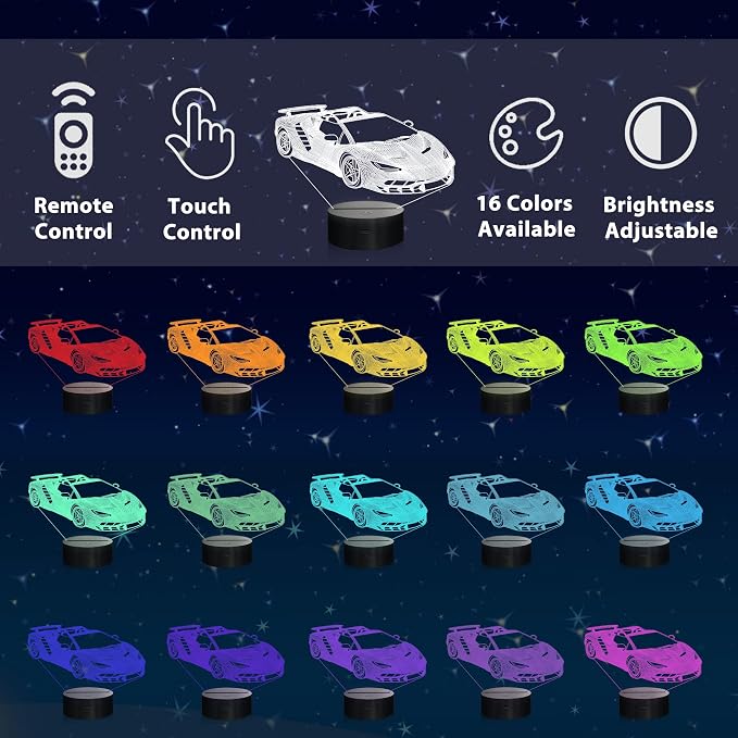 Ammonite Race Car Gifts,3D Car Lamp with Remote Control 16 Colors Changing and Timing Function, Party Supplies Holiday Xmas Birthday Gifts for Kids Child Teen