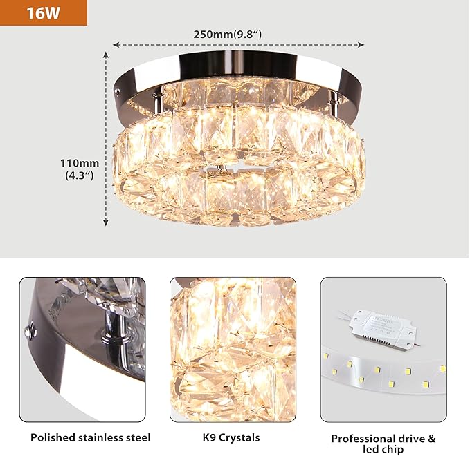 9.8" Modern Mini LED Chandelier Crystal Ceiling Light Flush Mount Light Fixture Ceiling Mount for Hallway Foyer Kitchen Closet (Warm White)