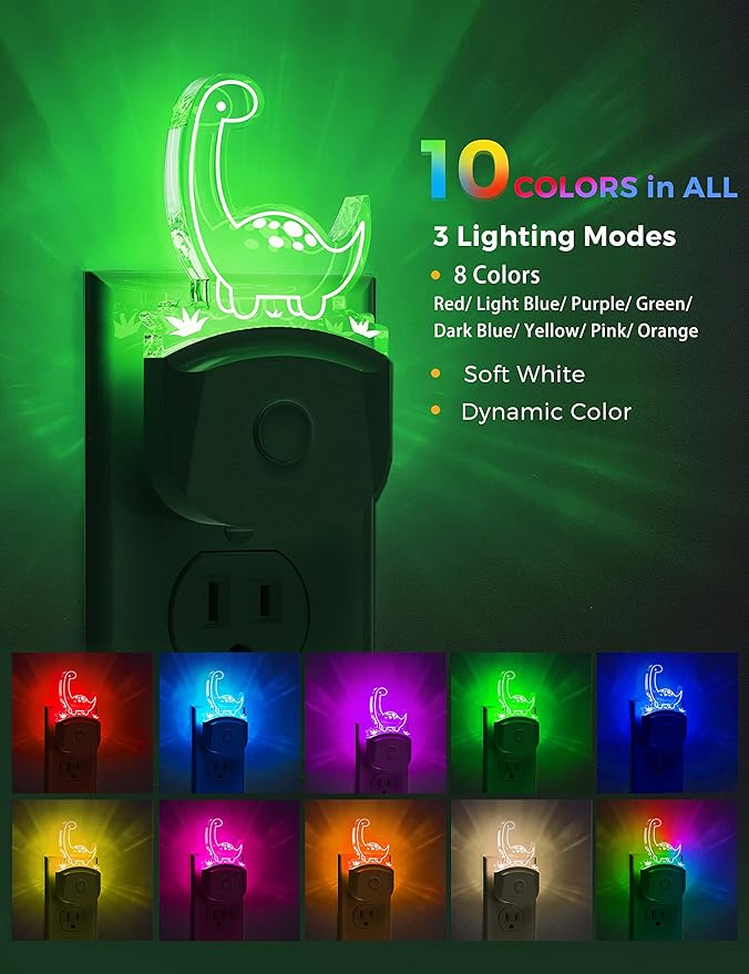L LOHAS LED Dinosaur Night Light Plug in, Kids Night Light for Boys[2 Pack], Dusk to Dawn Sensor, 3 Lighting Modes, Color Changing Nightlights, Nursery & Bedroom Decor Gift