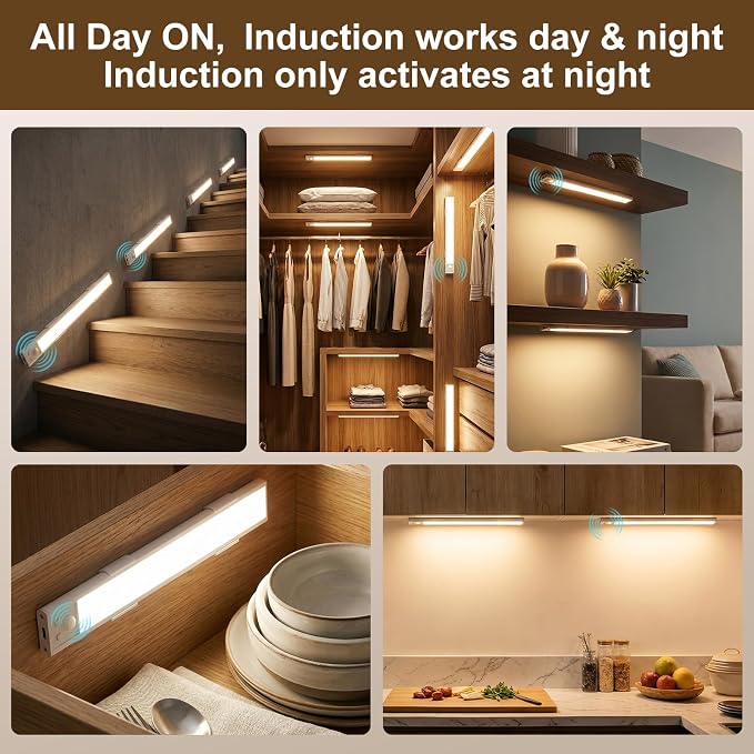 12 Inch Under Cabinet Light, USB Rechargeable Dimmable Motion Sensor LED | Clip-On Adhesive Wireless Mount, Tool-Free Install for Kitchen, Pantry, Wardrobe, Counter, Hallway, Stairs