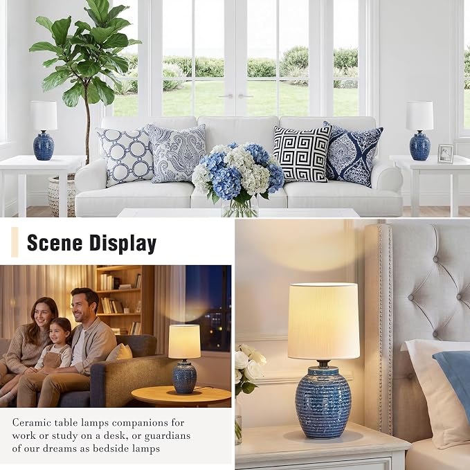 EJIAXIN Small Bedside Lamps -13.75" Farmhouse Table Lamps - Classic Ceramic Table Lamp for Bedroom, Living Room, Nightstand, Office, Side Desk Lamp, End Table