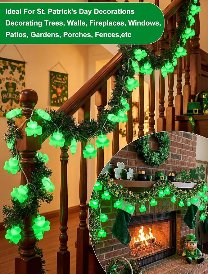 Shamrock String Lights, 8.5Ft St Patrick's Day Decorations with 10 LED Solid Green Clover Lights, Plug in Clover Fairy String Lights for Party Bar Garden Bedroom Party Irish Holiday Decor