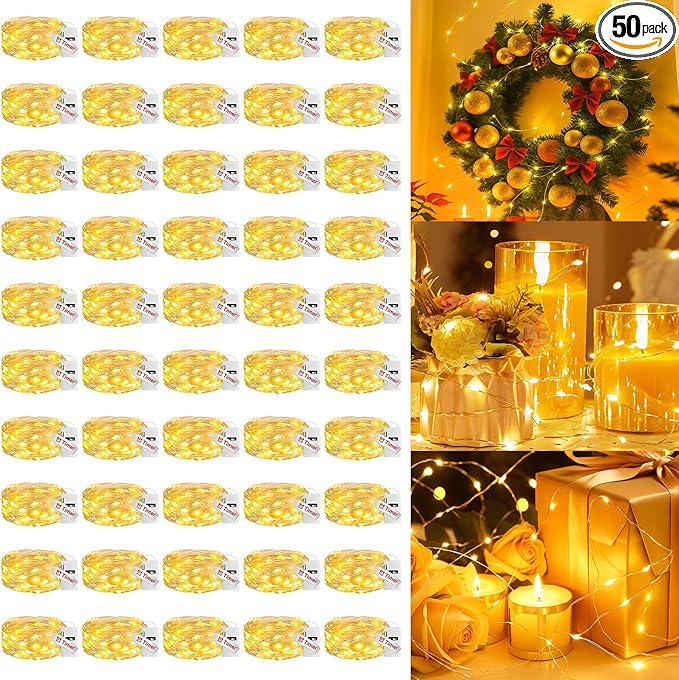 litogo 50 Pack Yellow Fairy Lights Battery Operated with Timer, 20 LED 3 Modes Twinkle Light, 7ft Waterproof Silver Wire Mini Small Bulk Mason Jar String Light, Decor for Wedding Party Christmas