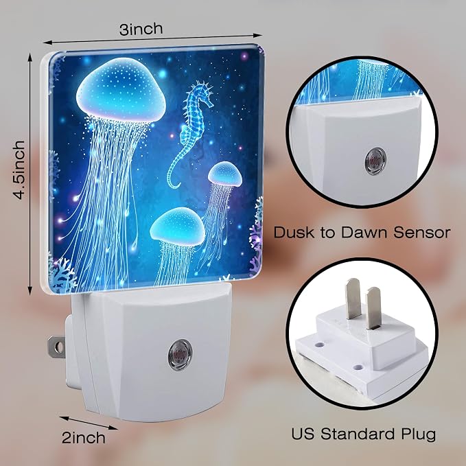 Magic Glowing Jellyfish and Seahorse Night Light Plug into Wall,Beautiful Undersea World Dusk to Dawn Night Light Plug in,0.5w Energy Saving Sleep Friendly NightLight for Kids Boys Girls Home Decor