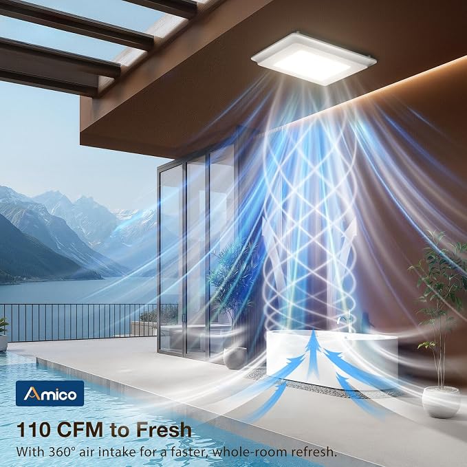 Amico Bathroom Exhaust Fan with Light, 110CFM, 1.0 Sones, 1000 LM, 5CCT | Easy Install, Ceiling Opening 9.4'' x 9.4'', Ceiling Mount Shower Bathroom Fan, Household Ventilation Fan, ETL & FCC