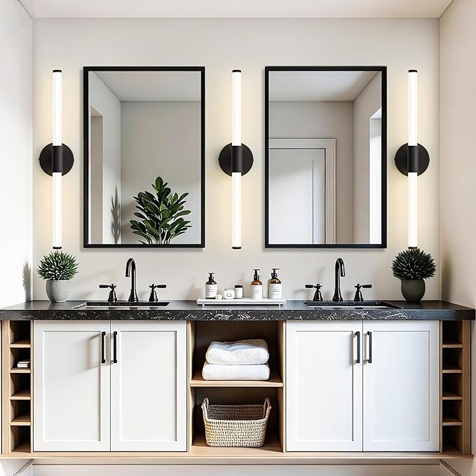 Dimmable LED Bathroom Vanity Lights 360° Full Lighting Bathroom Light Fixtures Over Mirror Vanity Light Bar Modern Wall Sconce 4000K Natural White Light for Home Hardwired, Black, 23 inch