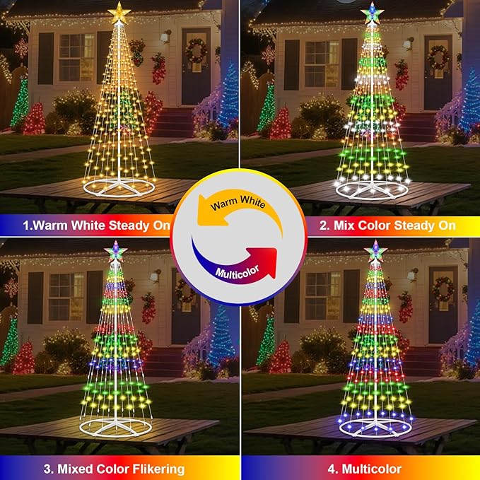 Forlivese 5FT Prelit Christmas Cone Tree Lights, 204 LED Small Lighted Christmas Tree Light with Remote, Timer, 11 Modes, Outdoor Christmas Tree for Yard Garden Decoration, Multicolor & Warm White