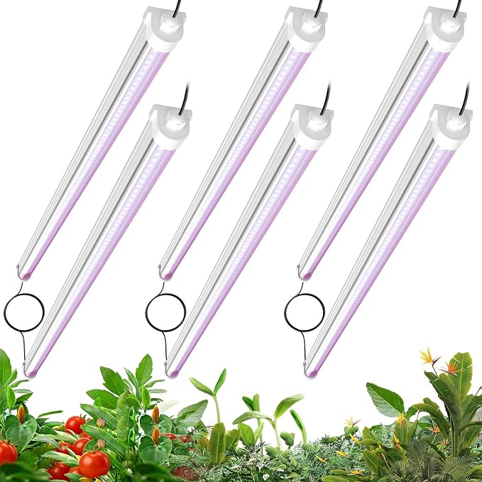 JESLED Waterproof T8 Grow Lights, 3FT Full Spectrum Plant Light, 6 Packs | 216(6 X 36W)1350W Equiv, V-Shaped Beam, On/Off Switch, Linkable Plant Light Strip for Greenhouse, Shelf, Indoor Outdoor