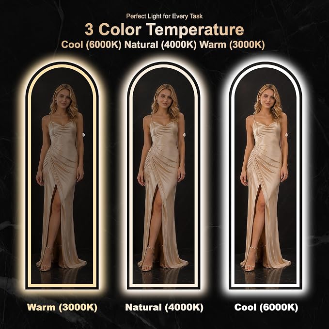 LED Arched Full Length Mirror, 65"x21" Full Body Mirror with Lights, Dimmable & 3 Color Lighting, Standing/Leaning/Wall Mounted Vanity Mirror for Bedroom, Dressing Room, Living Room