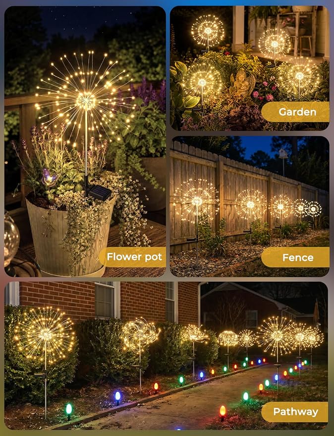 Brightown 4 Pack Garden Decor Solar Lights Outdoor Decorative,150LED Firework Lights for Outside,8 Modes Solar Powered Stake Fairy Light for Yard Pathway Flowerbed Patio Christmas Decor,Warm White | 150 LED, 8 Modes, Solar Powered Firework Lights for O...