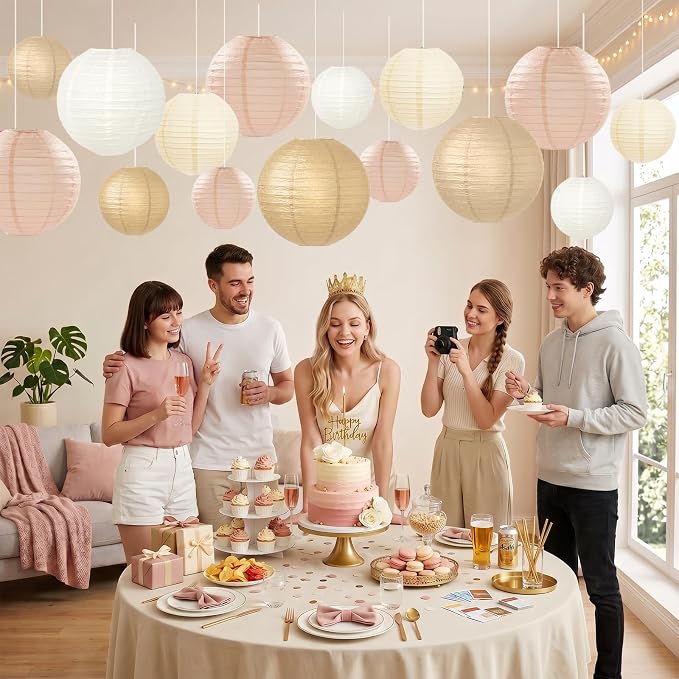 15 Pcs Boho Paper Lanterns - Champagne Gold Beige Peach 6 8 10 Inch Round Hanging Decorations for Birthday, Neutral Baby & Bridal Shower, Rustic Wedding, Fall Party