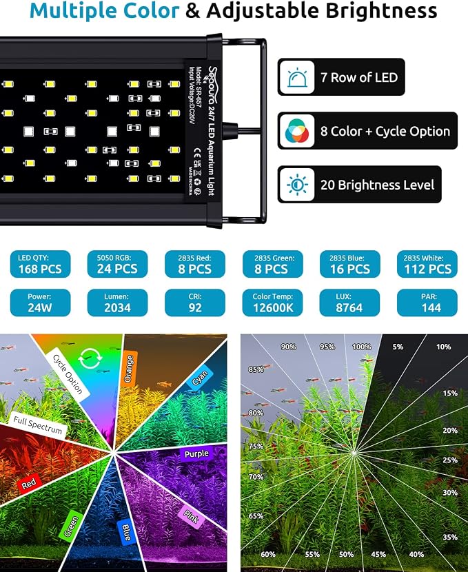 SEAOURA Aquarium LED Light with 24/7 Timer for 24-30in Fish Tank | high PAR LEDs for plant growth, 3 timers + memory, 20 dimming, 15min fade, adjustable brackets, slim aluminum