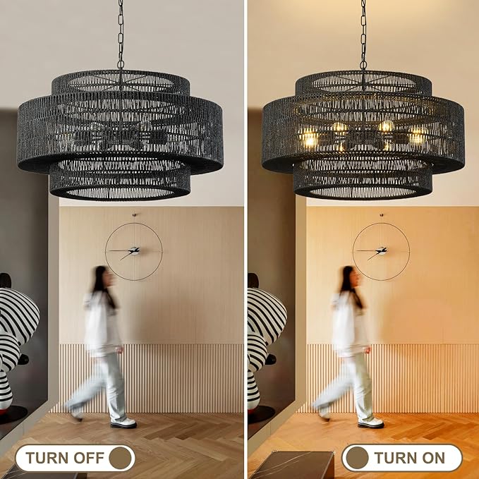 31.5"Large Boho Rattan Farmhouse Chandeliers for Dining Room,8-Light Rattan Hand-Woven Rustic Drum Chandelier Pendant Light Fixture for Kitchen Island Bedroom Living Room Entryway Foyer(Black)