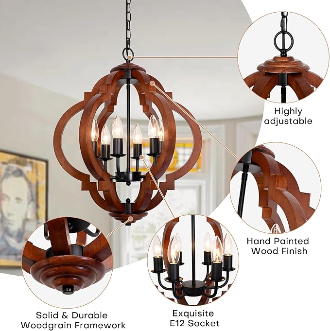 6-Light Farmhouse Chandelier, Red Wood and Black Metal Rustic Light Fixture, Industrial Dining Room Chandelier for Kitchen Island, Entryway, Foyer, Bedroom, Living Room