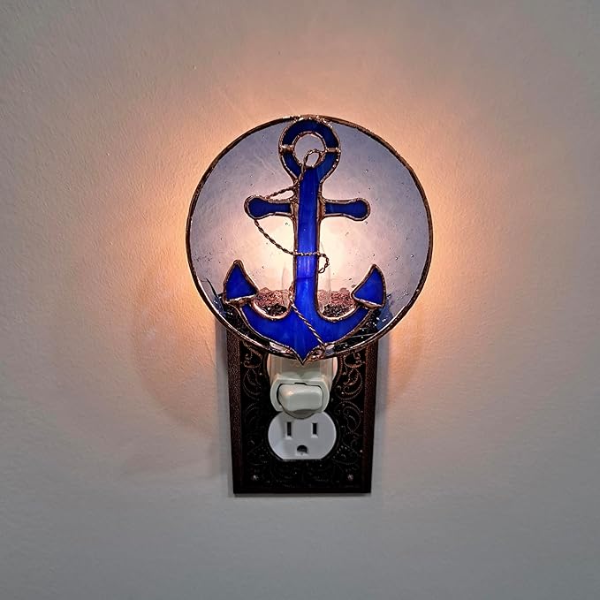 Gift Essentials Blue Anchor Plug in Night Light - Stained Glass Nightlight with On/Off Rocker Switch - Includes One 4 Watt Replaceable Incandescent Warm Glow Bulb