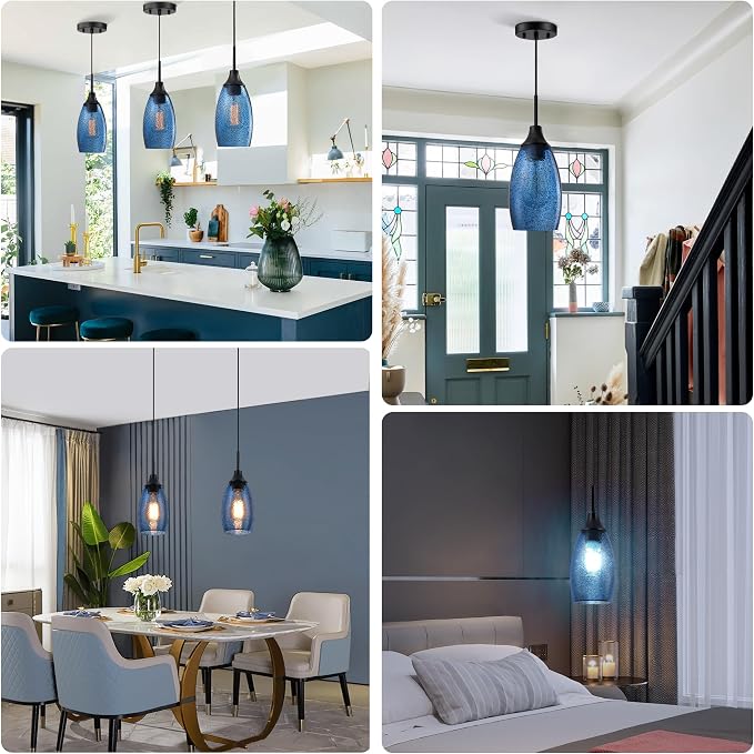 Viinew Mini Glass Pendant Light 3-Pack Dark Blue Seeded Hanging Light | Handblown Dark Blue Marble Art Glass Shade Ceiling Light 4.72" Hanging Pendant Light for Kitchen Island,Dining Room