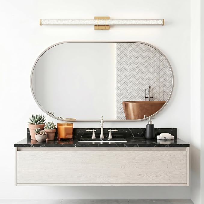 URSOLA 48" Modern LED Bathroom Light Fixtures, Golden 3CCT Dimmable Bathroom Vanity Light Over Mirror, Bathroom Vanity Bath Bar Lights with Crystal Acrylic Shade