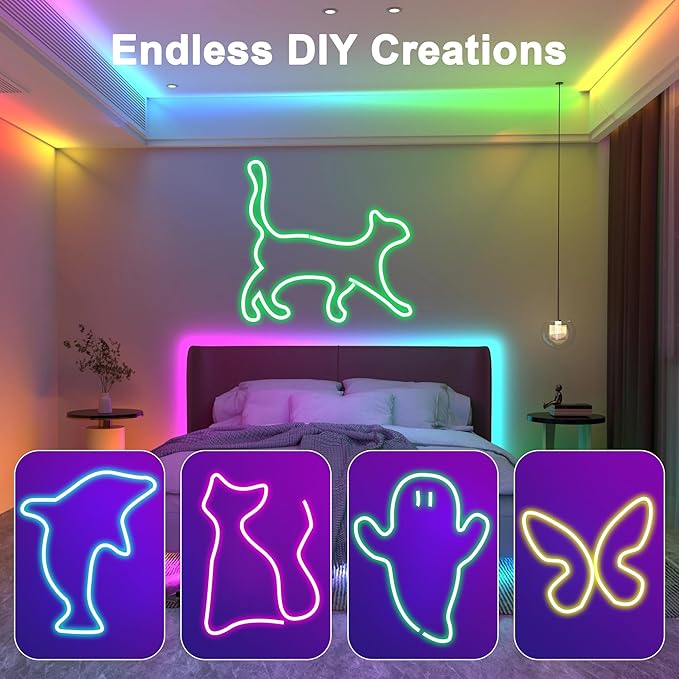 Nexillumi Neon LED Rope Lights 16.4FT, IP67 Waterproof LED Lights for Bedroom Flexible LED Light Strip with Remote and APP Control RGB Lighting Strip for Indoors Outdoors Bedroom Room Home Decor