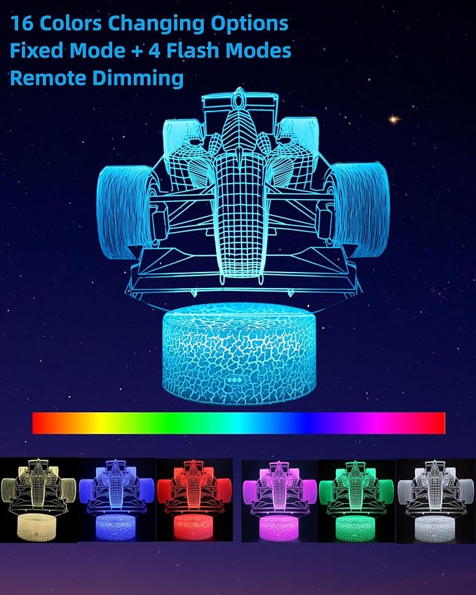 Racing Car 3D Illusion Night Light Boy Gift, 2 Patterns 16 Colors | 16 Colors Changing Lamp, Dimmable, Touch & Remote Control, Kid Teenager Girl Toy, Birthday Christmas, Room Bedroom Décor