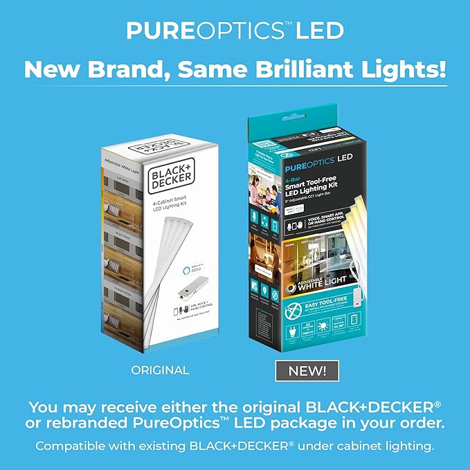 PureOptics LED Works with Alexa Smart LED Under Cabinet Lighting Kit, Motion Sensor, Dimmable, 3 Color Settings, For Kitchen, Cabinets and Closets, (4) 9" Bars, White, A Device