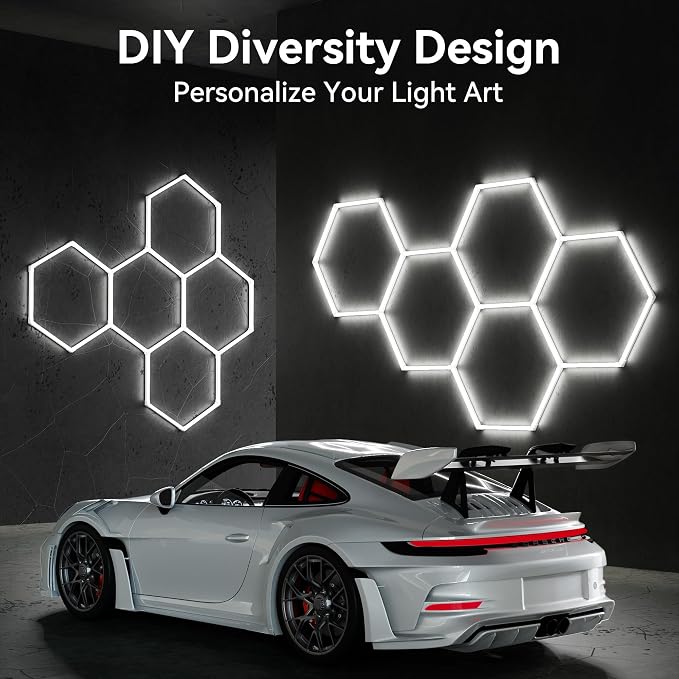 MODERN 11Grids Hexagon Garage Light: 48Pack 384W 47000LM High Brightness Hexagon Garage Lights-Easy Install Honeycomb Ceiling Lights for Warehouse, Gym Basement, Exhibition Hall