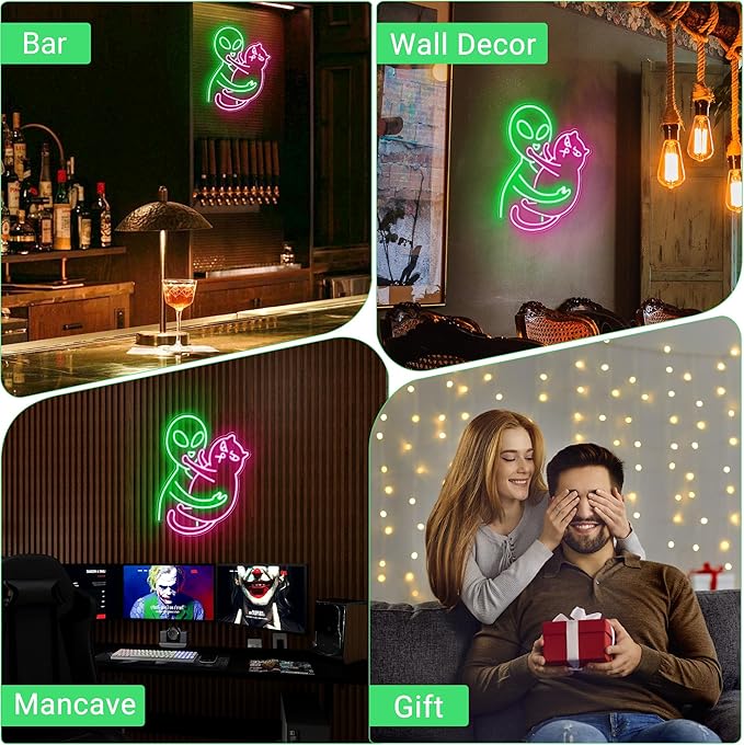 Kavaas Alien Cat Neon Sign, Green Alien Petting Cat LED Light for Game Room, Party, Bar, Man Cave Decor | Alien Neon Light Wall decor - Best Gifts for Alien Fans, Teenage Boys, Kids
