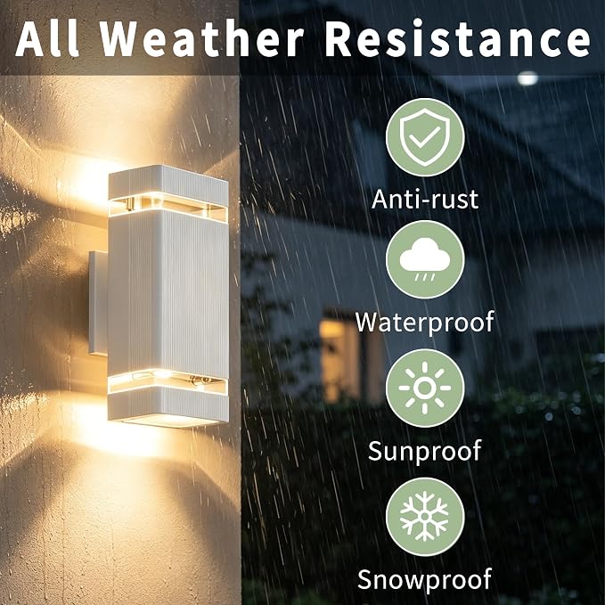 JYV Square Outdoor Wall Lights, Up and Down Porch Lights, White 2 Pack | Aluminum Exterior Lighting Fixtures with 2 * 7W Bulbs 3000K, Waterproof Outdoor Sconces Wall Lighting, for House Porch Garage