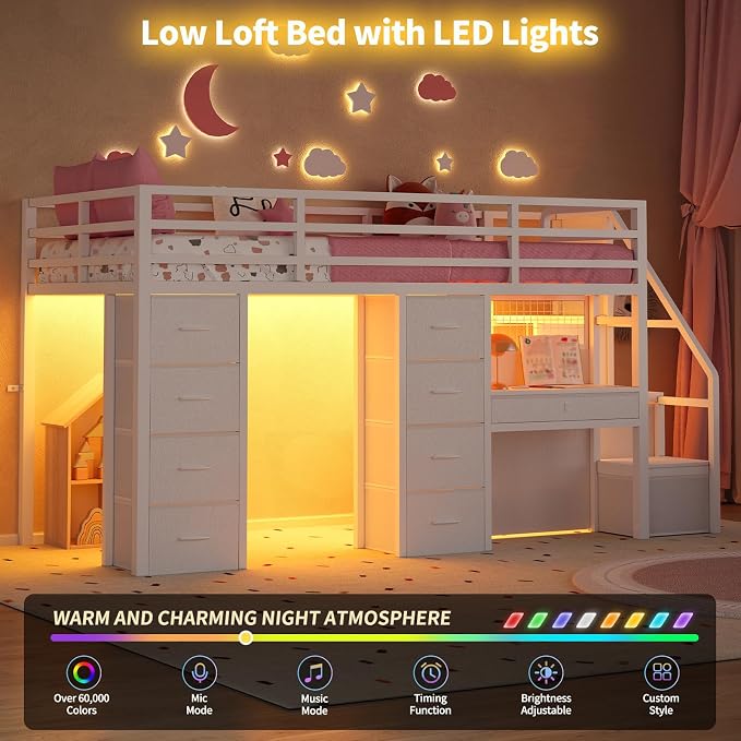 Twin Loft Bed with Desk, 12 Drawers, RGB Lights & Wide Step Stairs, White | Built-in Power Outlet, Clothes Rack, Pockets, Display Grid, Under Bed Play Fort, 11.8''H Safety Guardrail & Ladder
