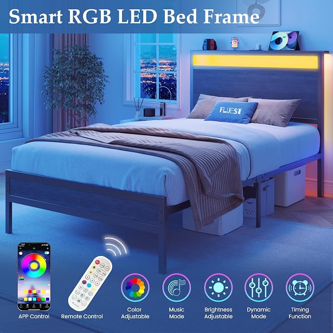 Fluest Twin Bed Frame with Headboard & Footboard, Twin Bed Frame with Charging Station & LED Light, Under-Bed-Storage, No Box Spring Needed, Noise Free, Easy Assembly, Rustic Grey