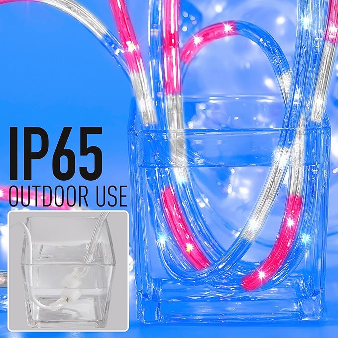 Waterproof LED Rope Lights, Connectable & Flexible with 8 Modes, Outdoor Lighting for Deck, Garden, Pool, Patio & Christmas Decor (Red/Blue/White, 50ft)