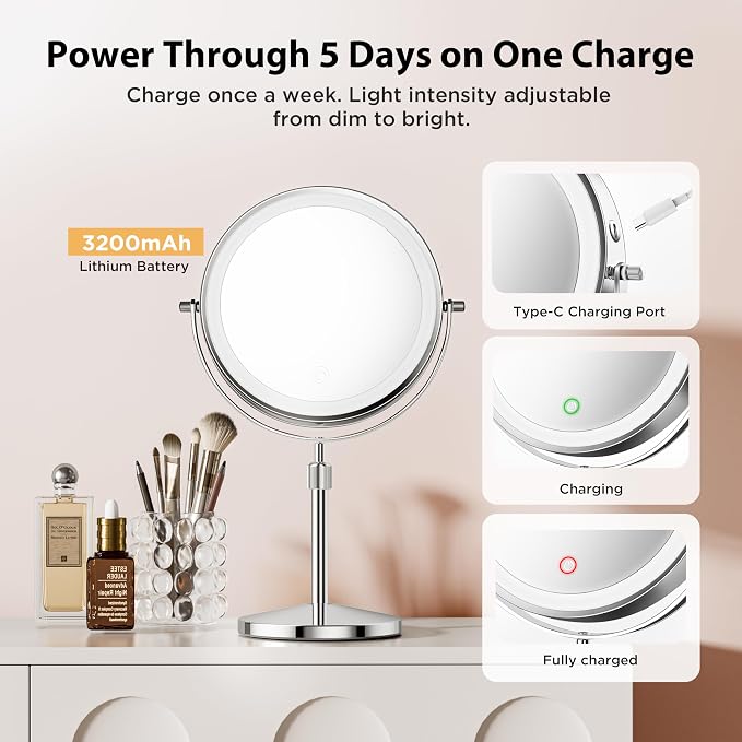 Double-Sided Makeup Mirror with Light, 1X/30X, 3 Colors, 3200mAh | 360° Rotating Mirror with Adjustable Brightness for Makeup, Skincare, and Vanity Use