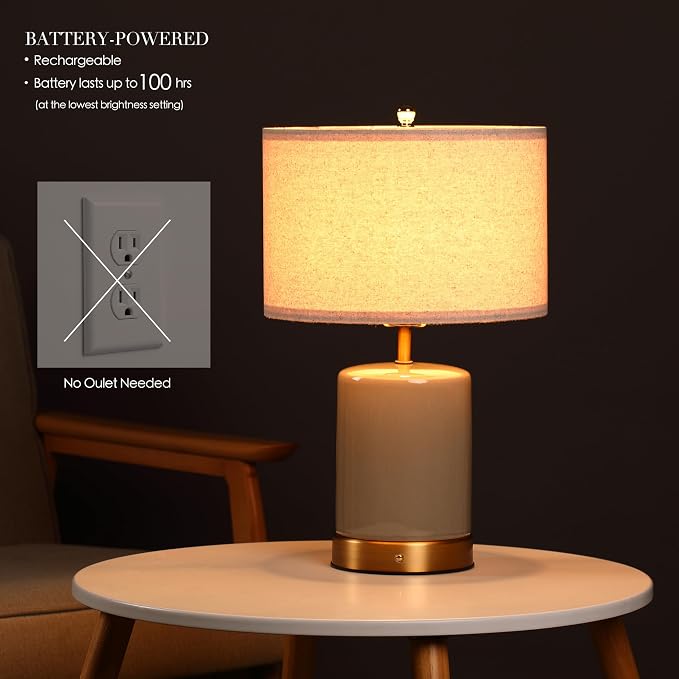O’Bright Dune - Battery Powered Table Lamp, Rechargeable Cordless Ceramic Lamp, Full-Size 19.5 Inch Height, Dimmable, Smart Safety Protection, Type-C Fast Charging, LED Bulb Included, Stone Grey
