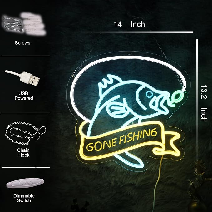 Go Fishing Neon Sign, USB Powered LED Light for Fishing Decor | Fishing Wall Decor for Living Room, Game Room, Man Cave, Bar, Party Decoration and Angler Gift