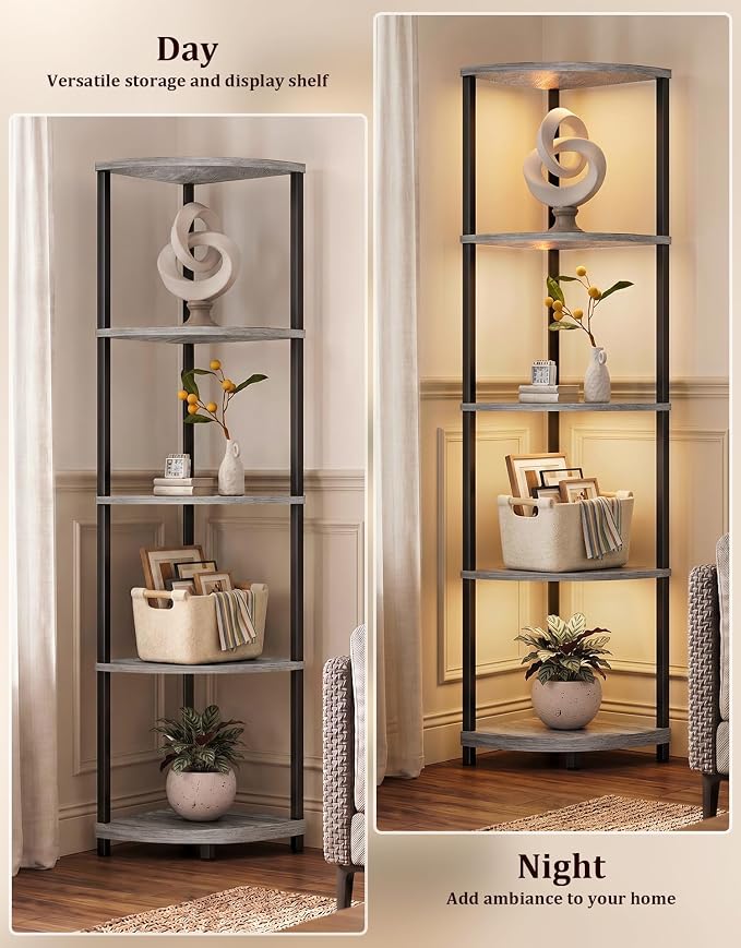 Corner Shelf with LED Light, 5 Tier Smart Color Changing Floor Lamp with Remote, 62" Display Shelf Bookshelf Narrow Storage Rack Standing Lamp for Living Room Bedroom Home Office Decor, Grey