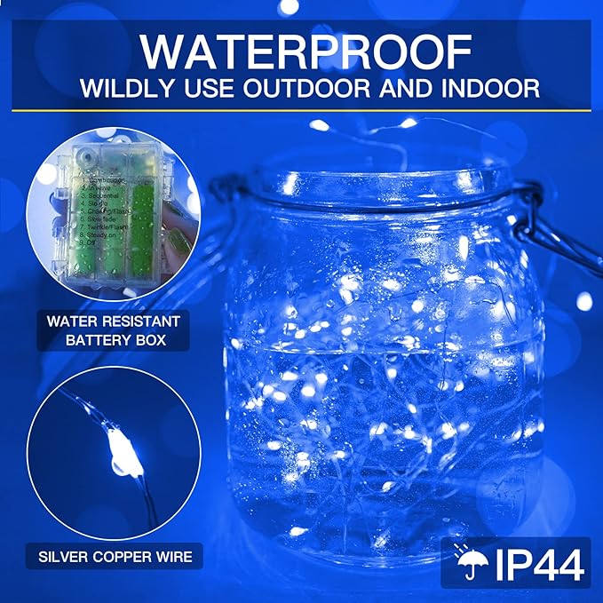 Blue LED Christmas Lights Outdoor，200led 66ft Battery Operated Fairy Lights Indoor, Twinkle Lights for Bedroom, Halloween, Backyard, Tree, Dorm, Patio, Tapestry, Garden, Party