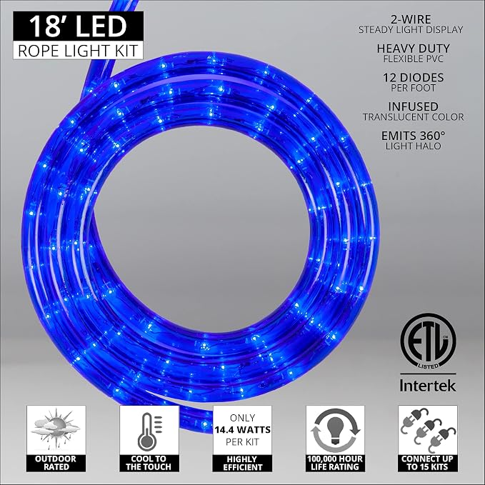 Wintergreen Lighting 18ft 216 LED Commercial Grade Blue Rope Light, LED Flexible Rope String Light Outdoor – LED Rope Bedroom Light, 120V, ½ Inch, 2-Wire – Rope Light Clips and Power Cord Included