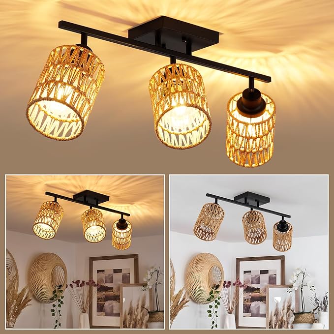 3-Light Rattan Ceiling Lighting Kits Track Lighting Fixture with Boho Farmhouse Style, Modern Bathroom Light Fixtures Black Spotlight and Rattan Shades for Kitchen Bathroom Living Room Hallway